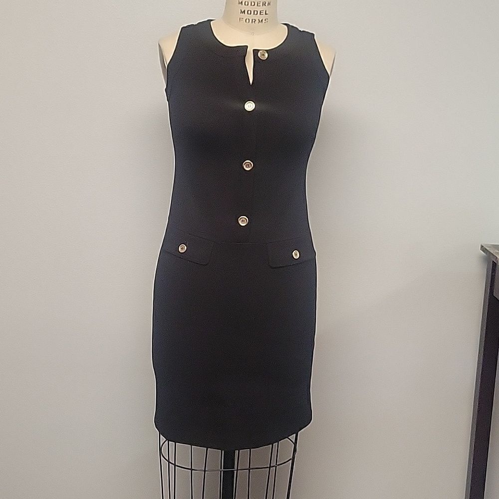 TALBOTS Sheath black sleeveless sheath dress gold button size 2p